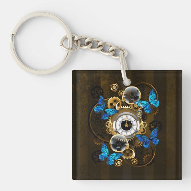 Steampunk Gears and Blue Butterflies Keychain (Front)