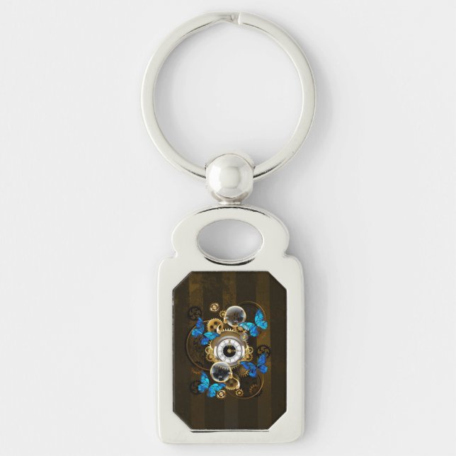 Steampunk Gears and Blue Butterflies Keychain (Front)