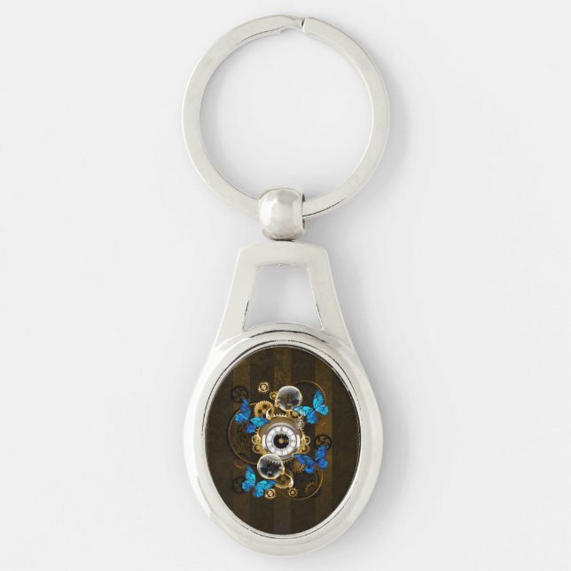 Steampunk Gears and Blue Butterflies Keychain (Front)
