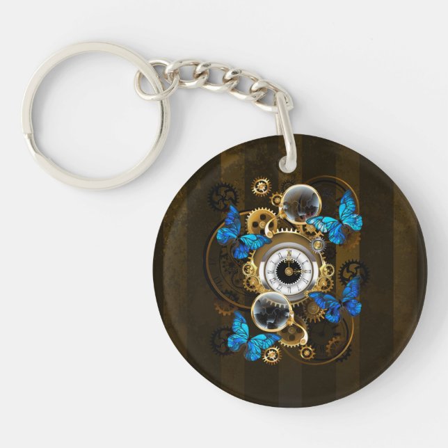 Steampunk Gears and Blue Butterflies Keychain (Front)