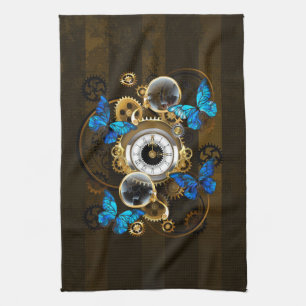 Steampunk Gears and Blue Butterflies Kitchen Towel