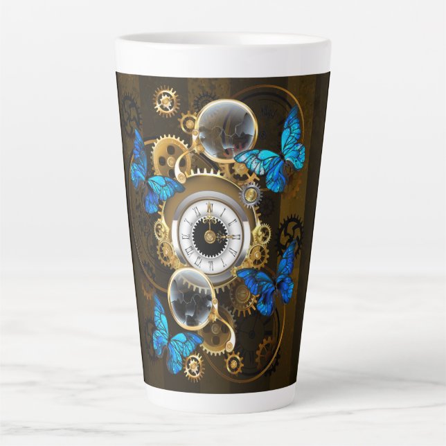 Steampunk Gears and Blue Butterflies Latte Mug (Front)