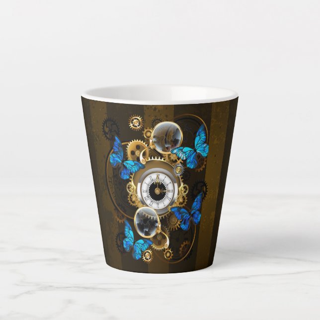Steampunk Gears and Blue Butterflies Latte Mug (Front)