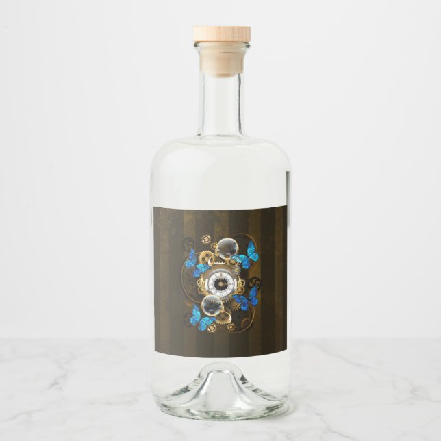 Steampunk Gears and Blue Butterflies Liquor Bottle Label (Front)