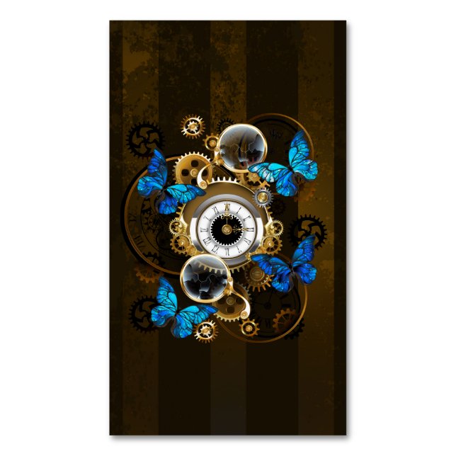 Steampunk Gears and Blue Butterflies Magnetic Business Card (Front Vertical)