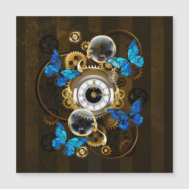 Steampunk Gears and Blue Butterflies Magnetic Invitation (Front)