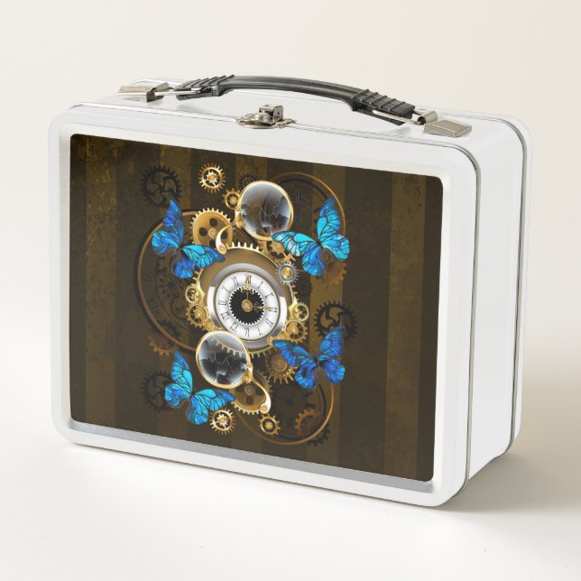 Steampunk Gears and Blue Butterflies Metal Lunch Box (Front)