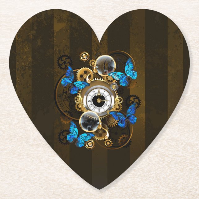 Steampunk Gears and Blue Butterflies Paper Coaster (Front)