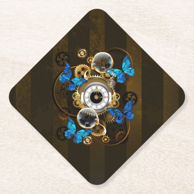 Steampunk Gears and Blue Butterflies Paper Coaster (Front)