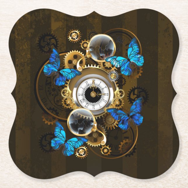Steampunk Gears and Blue Butterflies Paper Coaster (Front)