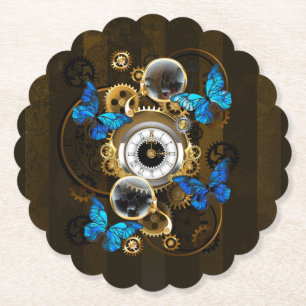Steampunk Gears and Blue Butterflies Paper Coaster