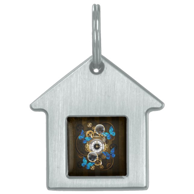 Steampunk Gears and Blue Butterflies Pet ID Tag (Front)