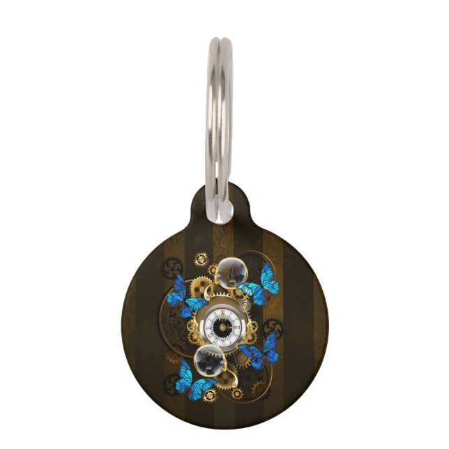 Steampunk Gears and Blue Butterflies Pet Tag (Front)