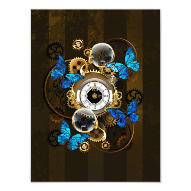 Steampunk Gears and Blue Butterflies Photo Print (Front)