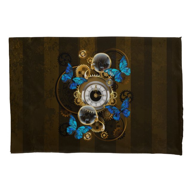 Steampunk Gears and Blue Butterflies Pillowcase (Front)