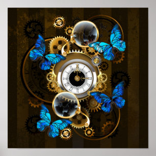 Steampunk Gears and Blue Butterflies Poster