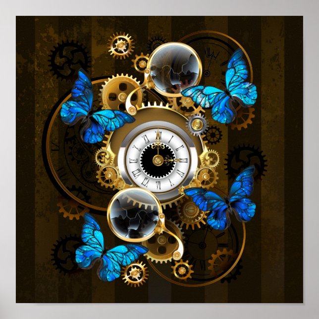 Steampunk Gears and Blue Butterflies Poster (Front)