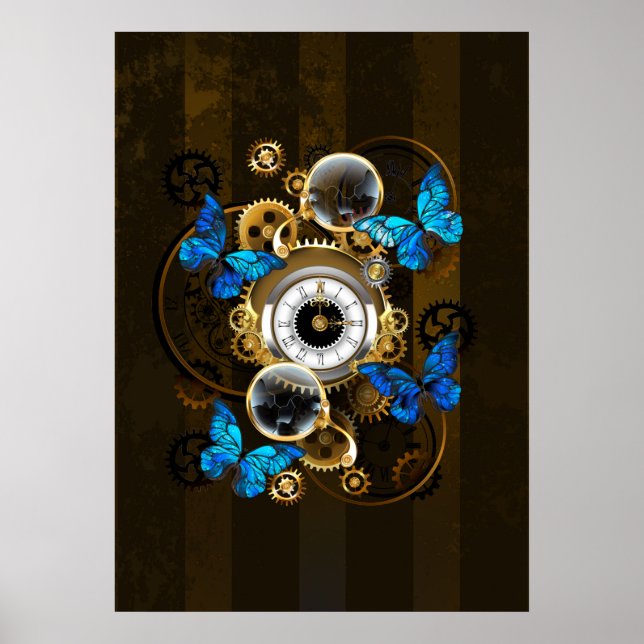 Steampunk Gears and Blue Butterflies Poster (Front)