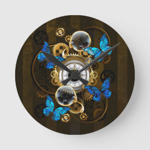 Steampunk Gears and Blue Butterflies Round Clock