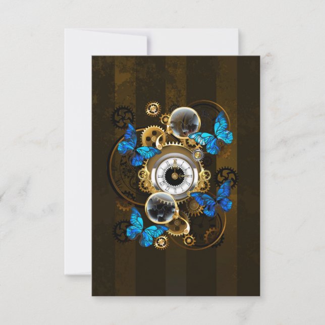 Steampunk Gears and Blue Butterflies RSVP Card (Front)