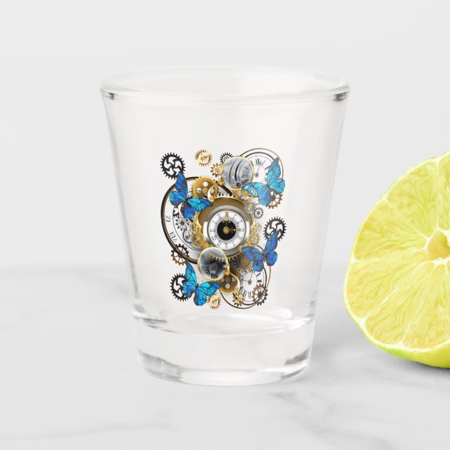 Steampunk Gears and Blue Butterflies Shot Glass (Front)