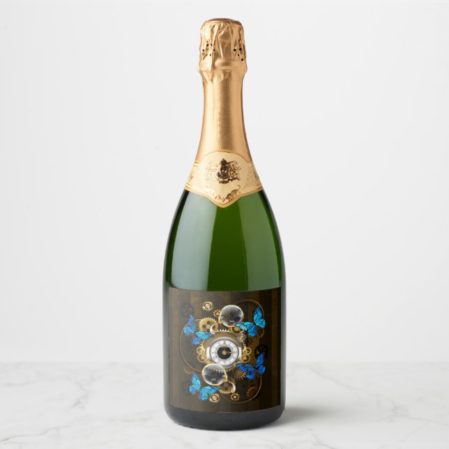 Steampunk Gears and Blue Butterflies Sparkling Wine Label (Front)