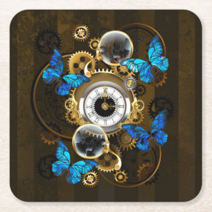 Steampunk Gears and Blue Butterflies Square Paper Coaster