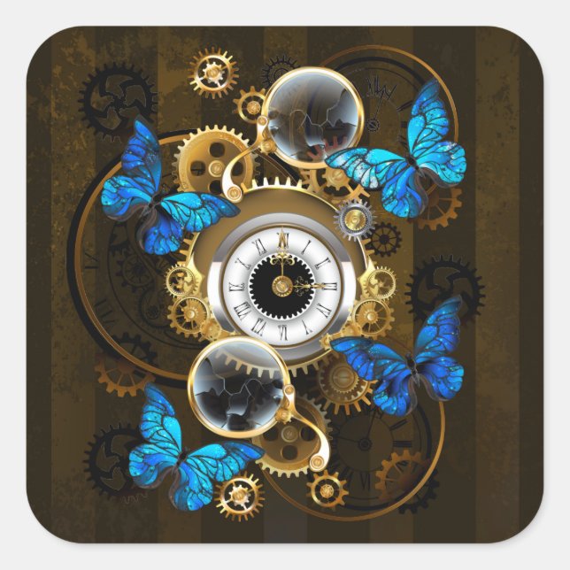 Steampunk Gears and Blue Butterflies Square Sticker (Front)