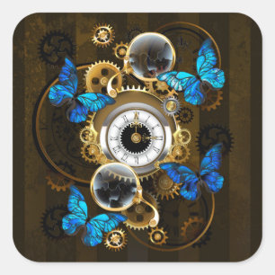 Steampunk Gears and Blue Butterflies Square Sticker