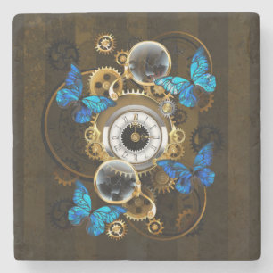 Steampunk Gears and Blue Butterflies Stone Coaster