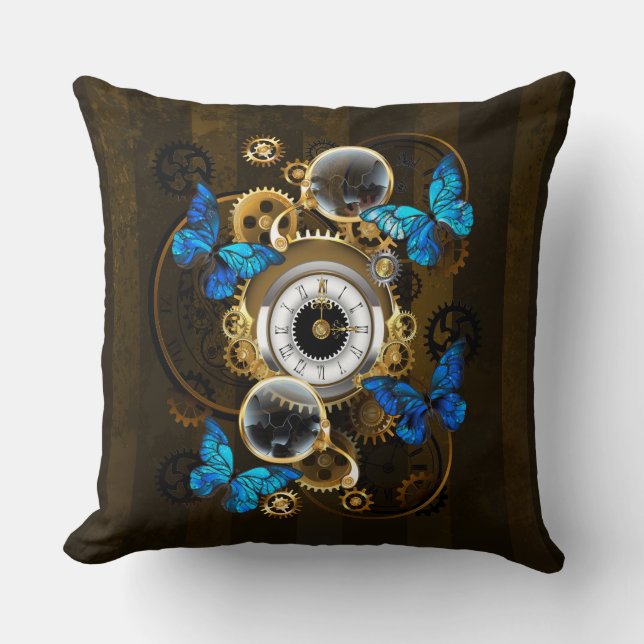 Steampunk Gears and Blue Butterflies Throw Pillow (Front)