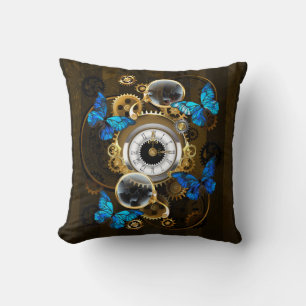 Steampunk Gears and Blue Butterflies Throw Pillow