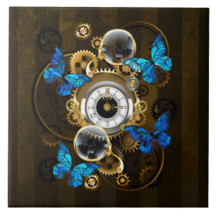 Steampunk Gears and Blue Butterflies Tile