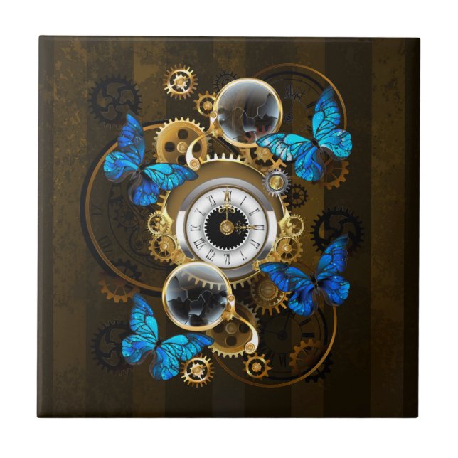 Steampunk Gears and Blue Butterflies Tile (Front)