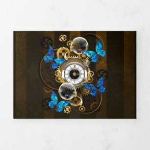 Steampunk Gears and Blue Butterflies Tri-Fold Card