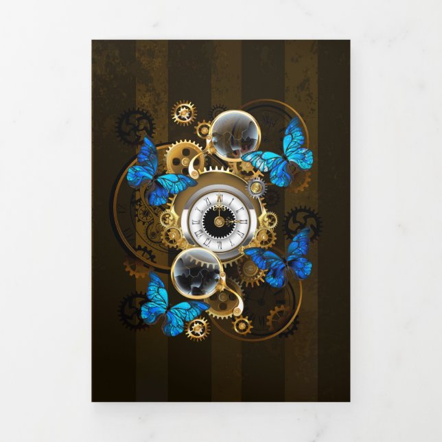 Steampunk Gears and Blue Butterflies Tri-Fold Holiday Card (Cover)