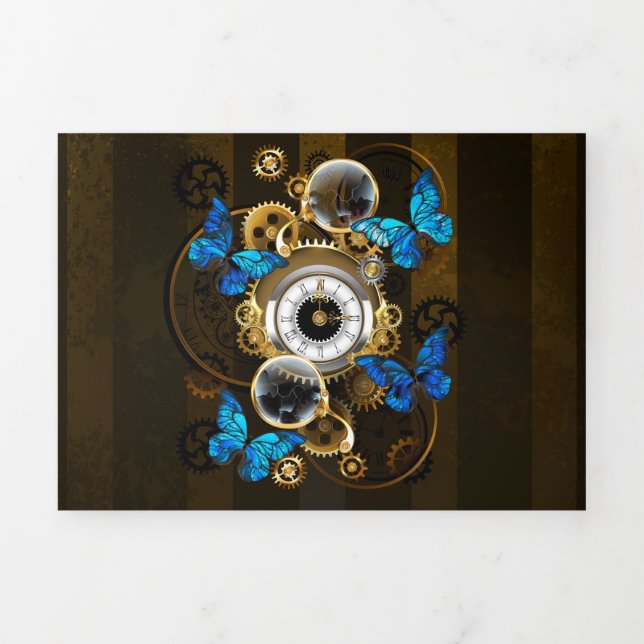 Steampunk Gears and Blue Butterflies Tri-Fold Holiday Card (Cover)