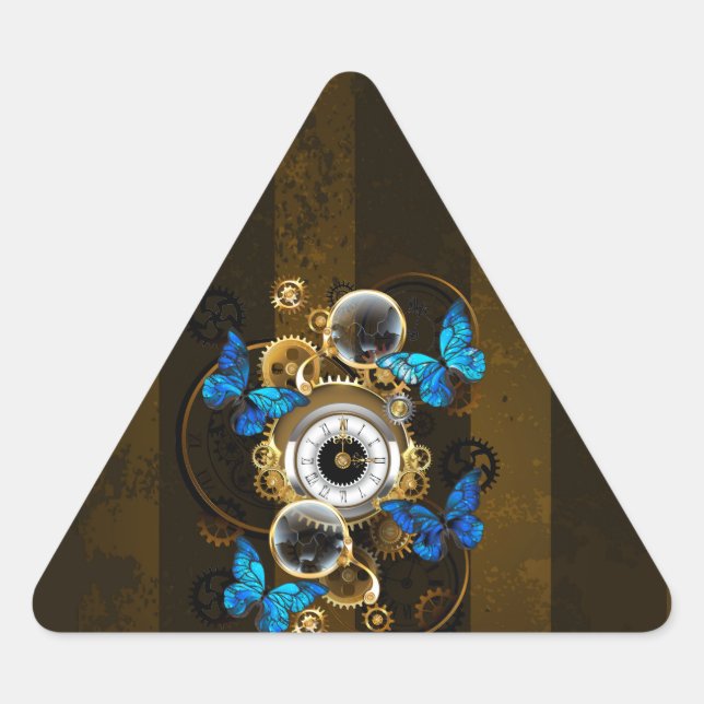 Steampunk Gears and Blue Butterflies Triangle Sticker (Front)