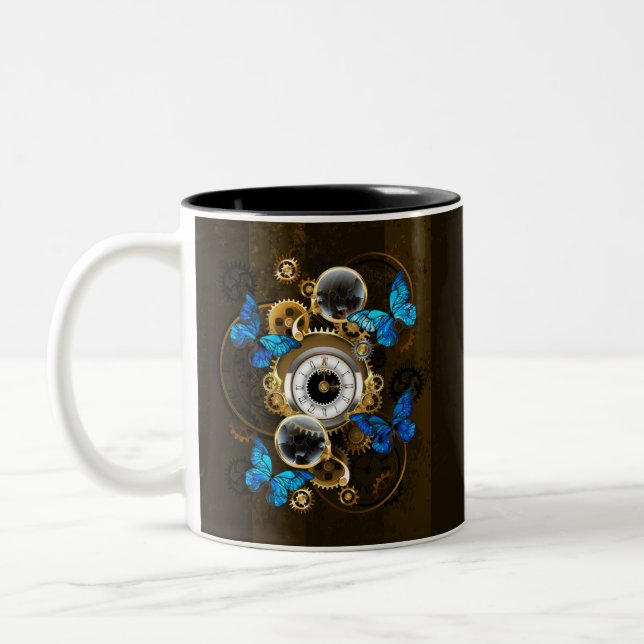 Steampunk Gears and Blue Butterflies Two-Tone Coffee Mug (Left)
