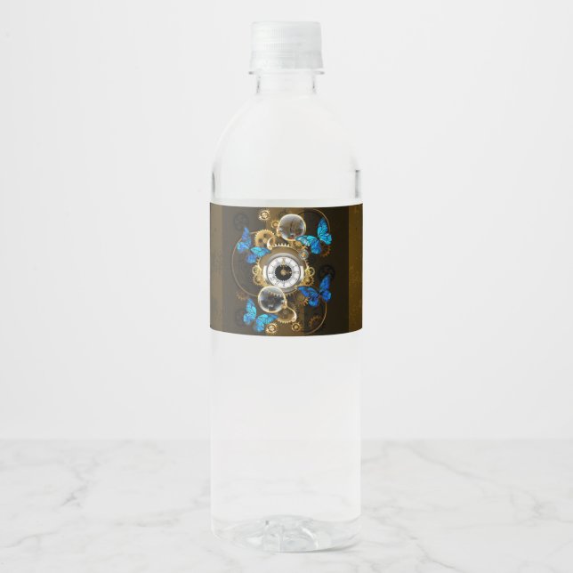 Steampunk Gears and Blue Butterflies Water Bottle Label (Front)