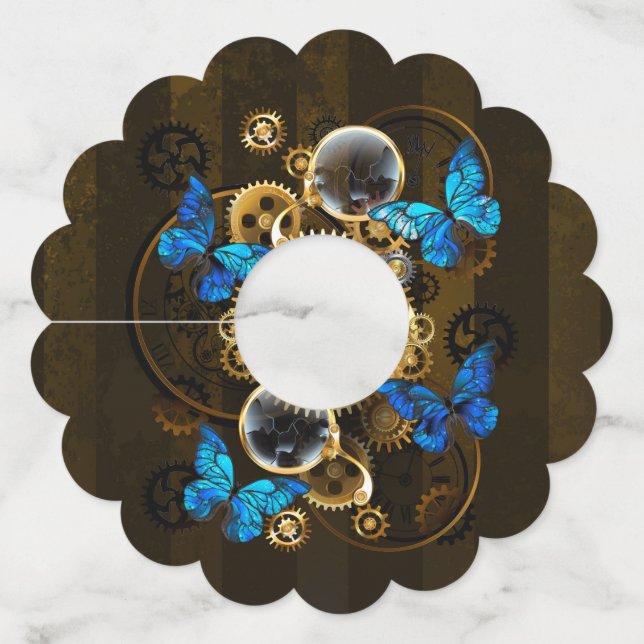 Steampunk Gears and Blue Butterflies Wine Glass Tag (Front)