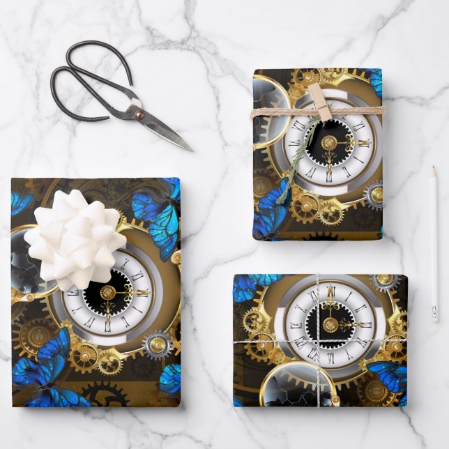 Steampunk Gears and Blue Butterflies Wrapping Paper Sheet (Front)