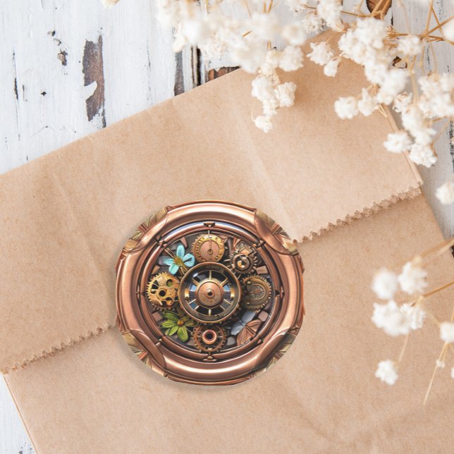 Steampunk Gears and Flowers Copper and Gold Metal Classic Round Sticker (Creator Uploaded)