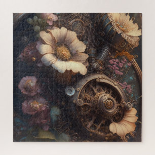 Steampunk Gears and White Flowers  Jigsaw Puzzle