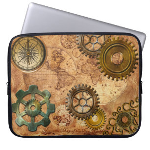 Steampunk Gears, Cogs, Brass Compass & Map Theme Laptop Sleeve