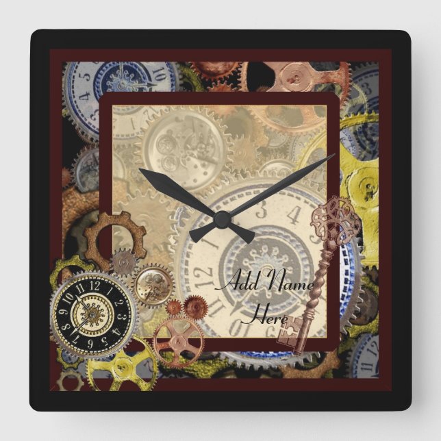 Steampunk Gears Cogs Vintage Personalized Square Wall Clock (Front)