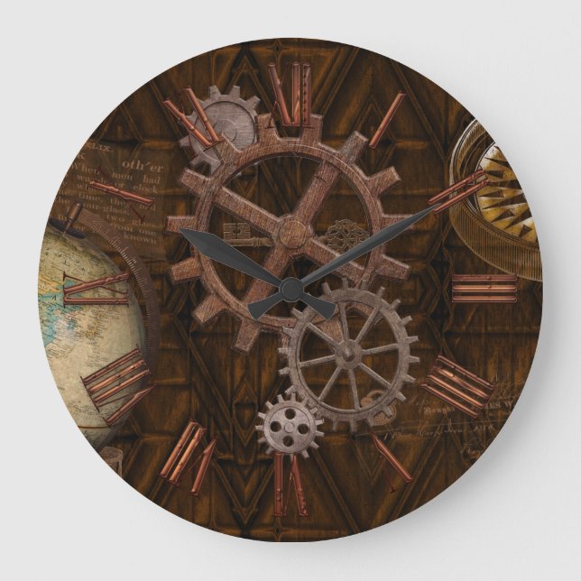 Steampunk Gears, Globe, Compass Artwork Large Clock (Front)