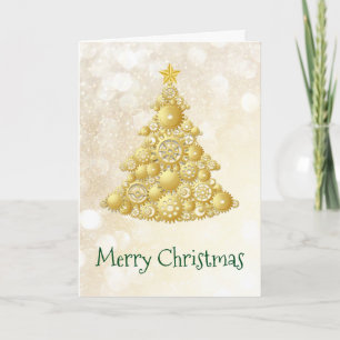 Steampunk Gears Gold Christmas Tree Holiday Card