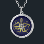 Steampunk Gears Octopus Kraken Silver Plated Necklace<br><div class="desc">This tentacled steampunk sea monster has eight wire-like gold appendages, a central silver gear and plenty of gears and bolts making up its head, eyes and suction cups. It's a robot octopus / kraken, a metal machine monster for anyone who likes geeky science-fiction / fantasy creatures. Dark-blue background colour is...</div>