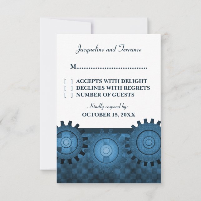 Steampunk Gears RSVP Card, Blue Card (Front)